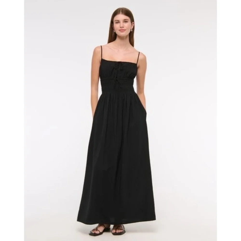 Abercrombie & Fitch Maxi Dress Women Size M Black Smocked Tie-Front 159D3190
